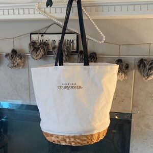 NEW Courvoisier Tote Bag with a White Canvas Body and a Woven Wicker Base